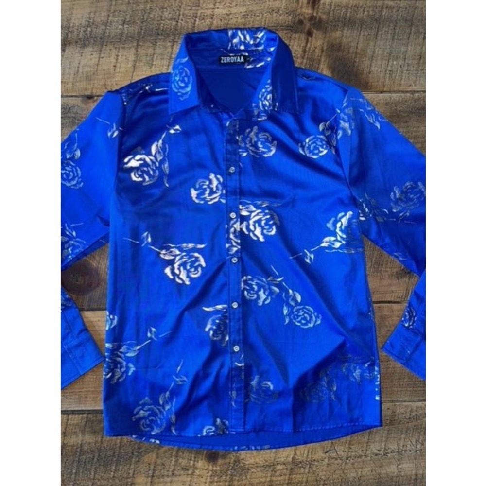 ZEROMAN Royal Blue Floral Satin Button-Down Shirt